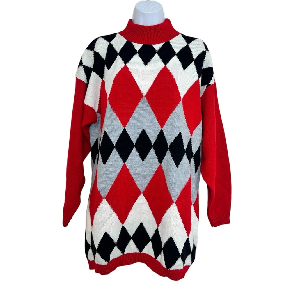 Traffic Jam Vintage 90s Red Black Argyle Women's Sweater Size M